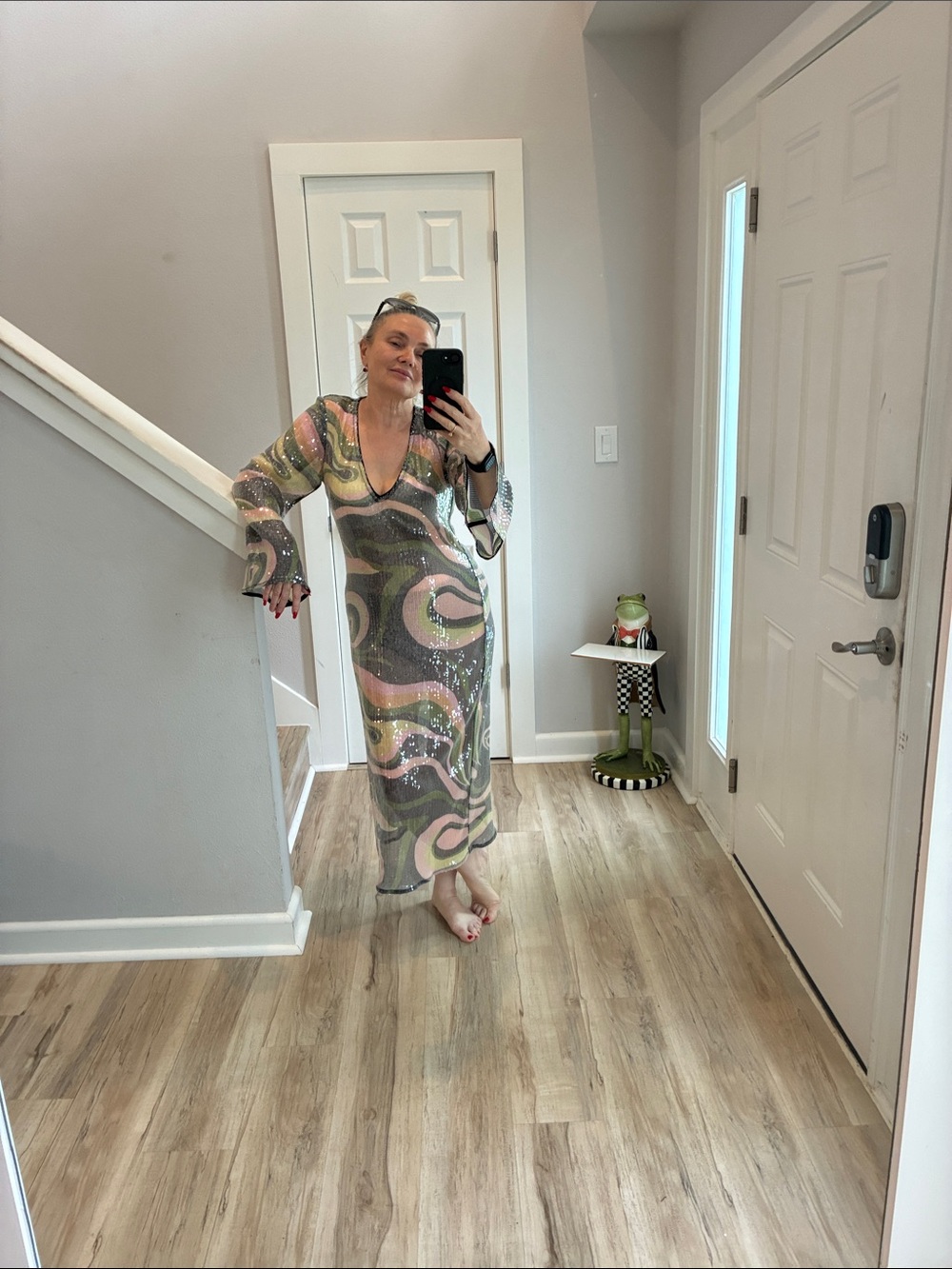 Hutch Swirl-Sequin V-Neck Long Sleeve Midi Dress in Pink and Green